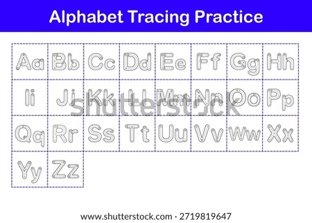 Printable alphabet tracing worksheet showing uppercase and lowercase letters A to Z. Educational handwriting practice sheet for preschool and kindergarten kids.