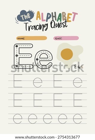 Printable alphabet tracing worksheet showing letter E practice for kids learning to write. Educational activity sheet for early literacy, preschool learning, classroom materials, homeschooling
