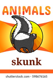 Printable animal flash card, vector illustration. Suitable for teaching children new words. Cute furry skunk, cartoon style