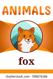 Printable animal flash card, vector illustration. Suitable for teaching children new words. Wild Red fox, cartoon style