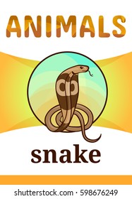 Printable animal flash card, vector illustration. Suitable for teaching children new words. King cobra is a dangerous snake, cartoon style
