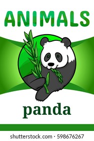 Printable animal flash card, vector illustration. Suitable for teaching children new words. Giant panda bear, black and white color, eating bamboo branch. Cartoon style