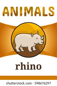 Printable animal flash card, vector illustration. Suitable for teaching children new words. Rhino or rhinoceros, cartoon style