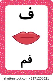 Printable Arabic alphabet letter flashcard. learning the Arabic Language. Mouth cartoon.