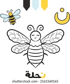 Printable Arabic letter alphabet sketch sheet learning the Arabic letter. Translate: "bee and letter noon"