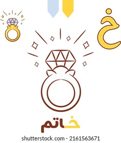 Printable Arabic letter alphabet sketch sheet learning the Arabic letter. Translate: "ring and letter khaa"