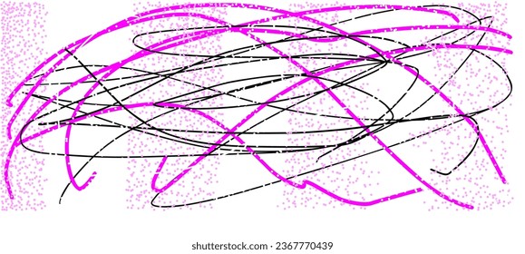 Printable artwork drawing. Hand drawn dotted pattern with doodle line art in pink, black, and white.