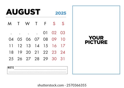 Printable August 2025 calendar template featuring a large space for your picture Perfect for personal or business use.