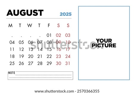 Printable August 2025 calendar template featuring a large space for your picture Perfect for personal or business use.