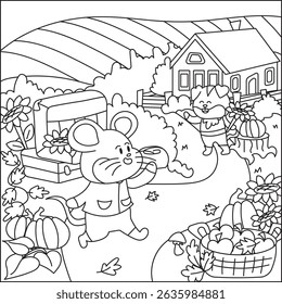 Printable autumn themed coloring page with mouse and dog characters meeting near farmhouse. Fun activity for kids, color lovely date scene 