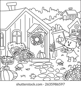 Printable autumn themed coloring page with bunny drawing the picture outside cottage, surrounded by flowers and plants. Fun activity for kids, color cozy scene