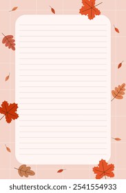 Printable autumn themed note paper with autumn leaves decorations. Vector illustration A5 size note paper for journaling.