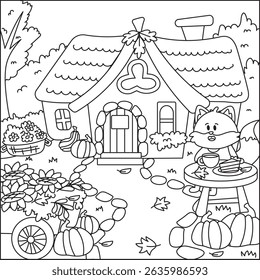 Printable autumn-themed coloring page with a cute fox drinking tea near a cozy cottage, surrounded by pumpkins, flowers, and fall plants. Fun seasonal activity for kids.