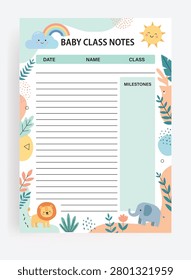 Printable Baby Class Notes Template with Cute Safari Animal Theme