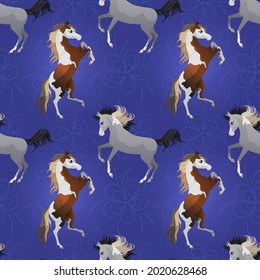 Printable background with horses. Seamless pattern on blue background
