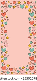 Una Plantilla de fondo imprimible con una temática romántica y lúdica. Los bordes decorativos están hechos de corazones Pequeños y estrellas en colores vibrantes como coral, verde azulado, rosa pastel y oro