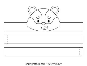 Printable badger paper crown. Diy cut party ribbon template for birthday, Christmas, baby shower. Fun accessory for entertainment. Print, color, cut and glue. Vector stock illustration