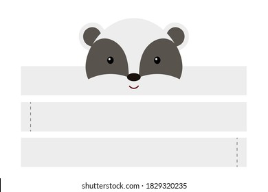Printable badger paper hat. Party crown die cut template for birthday, christmas, baby shower. Fun accessory for entertainment. Paper crown mock up isolated on white background. Print, cut and glue.