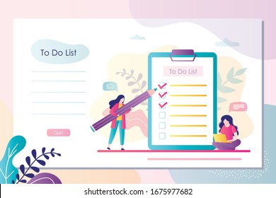 Printable banner with female character tick things done. Landing page with businesswoman plans affairs and write notes. To do list template. Office day planner. Trendy flat vector illustration