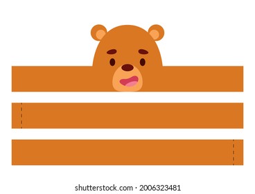 Printable bear paper crown. Diy cut party ribbon template for birthday, christmas, baby shower. Fun accessory for entertainment. Print, cut and glue. Vector stock illustration.