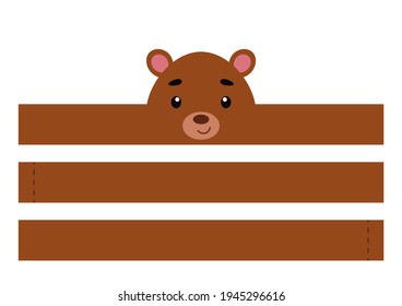 Printable bear paper crown. Party headband die cut template for birthday, christmas, baby shower. Fun accessory for entertainment. Print, cut and glue. Vector stock illustration.