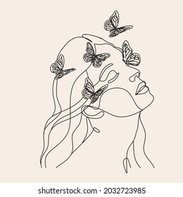 Printable Beauty Face In Butterfly Art, Woman In One Line Drawing, Elegant Female Sketch Poster, Minimalist Girl Portrait Illustration Print.