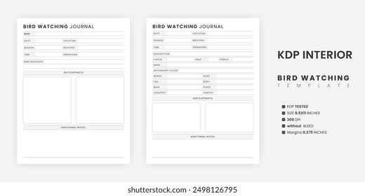 Plantilla de diario de observación de aves imprimible, diario de observación de aves para niños, libro de registro de observación de aves con imágenes