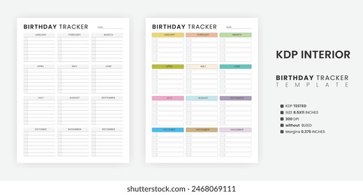 Printable Birthday Tracker Template, Birthday Calendar Design, Happy Birthday List, Birthday Planner Letter Size Paper Kdp Interior