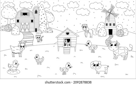 Printable black and white coloring page with farm animals, barn and windmill, henhouse, farming themed puzzle for kids