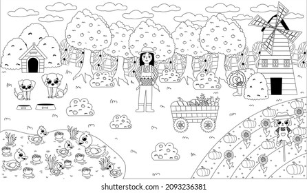 Printable Black And White Coloring Page With Farmer Girl Holding Basket With Apples And Harvest With Scarecrow, Windmill And Doghouse, Farming Themed Puzzle For Kids