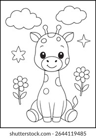 Printable Black and White Giraffe Coloring Page for Kids – Educational Outline Worksheet with Cute Flowers and Stars

