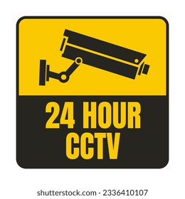 Sticker impreso en negro y amarillo 24 horas CCTV en funcionamiento, con ilustración de cámara de vigilancia de seguridad, icono de cctv, bajo protección y símbolo de área monitorizada