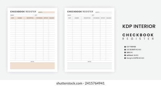 Printable Blank Checkbook Register Planner Template Letter Size Bank Account Transaction Record Notebook