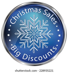 Printable Blue Christmas Sales / Big Discounts Icon / Label with a snowflake in the middle of the button.