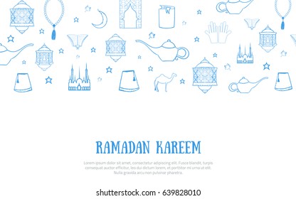 Printable blue minimalistic Ramadan Kareem greeting card vector illustration with sketch lantern, palace, moon.