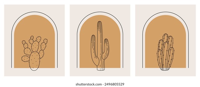 Printable boho posters with cacti for decor. Hand drawn illustration in sketch style.