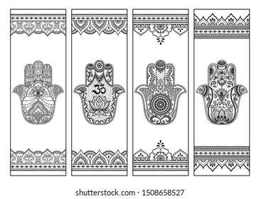 Printable bookmark for book - coloring. Set of black and white labels with Hamsa patterns, hand draw in mehndi style. Sketch of ornaments for creativity of children and adults with colored pencils.