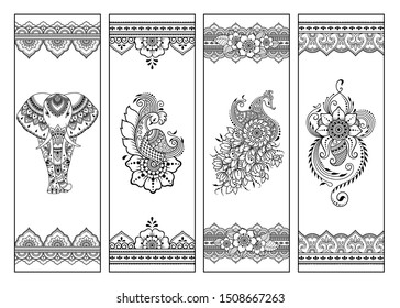 Printable bookmark for book - coloring. Set of black and white labels with flower patterns, hand draw in mehndi style. Sketch of ornaments for creativity of children and adults with colored pencils.