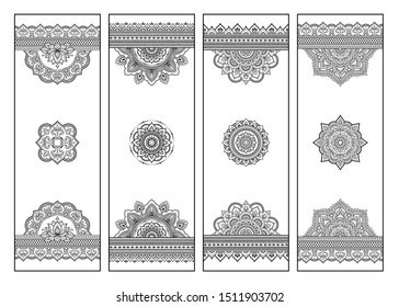 Printable bookmark for book - coloring. Set of black and white labels with flower patterns, hand draw in mehndi style. Sketch of ornaments for creativity of children and adults with colored pencils.