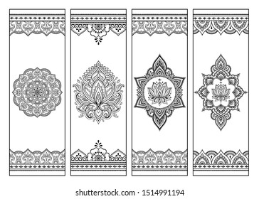 Printable bookmark for book - coloring. Set of black and white labels with flower patterns, hand draw in mehndi style. Sketch of ornaments for creativity of children and adults with colored pencils.