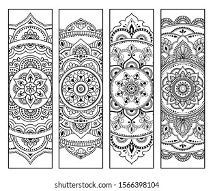 Marcador impreso para libro - colorear. Conjunto de etiquetas en blanco y negro con motivos florales, dibujado a mano en estilo mehndi. Esbozo de adornos para la creatividad de niños y adultos con lápices de colores.