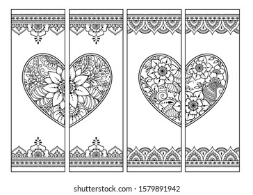 Printable bookmark for book - coloring. Set of black and white labels with heart and flower patterns in mehndi style. Sketch of ornaments for creativity of children and adults with colored pencils.