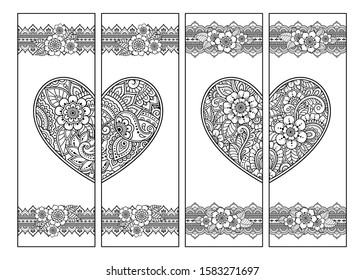 Marcador impreso para libro - colorear. Conjunto de etiquetas en blanco y negro con motivos florales y cardíacos en estilo mehndi. Esbozo de adornos para la creatividad de niños y adultos con lápices de colores.