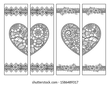 Printable bookmark for book - coloring. Set of black and white labels with heart and flower patterns in mehndi style. Sketch of ornaments for creativity of children and adults with colored pencils.