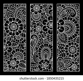 Printable bookmark for book - coloring. Set of black and white labels with flower patterns, hand draw in mehndi style. Sketch of ornaments for creativity of children and adults with colored pencils.