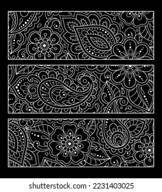Marcador impresable para libro - coloreado. Etiquetas en blanco y negro con motivos florales, dibujando a mano en estilo mehndi. Esbozo de ornamentos para la creatividad de niños y adultos con lápices de colores.