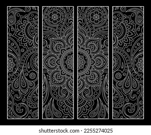 Printable bookmark for book - coloring. Set of black and white labels with flower patterns, hand draw in mehndi style. Sketch of ornaments for creativity of children and adults with colored pencils.