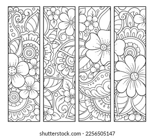 Printable bookmark for book - coloring. Set of black and white labels with flower patterns, hand draw in mehndi style. Sketch of ornaments for creativity of children and adults with colored pencils.