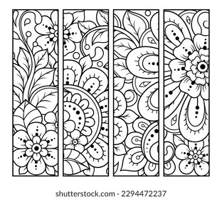 Printable bookmark for book - coloring. Set of black and white labels with flower patterns, hand draw in mehndi style. Sketch of ornaments for creativity of children and adults with colored pencils.