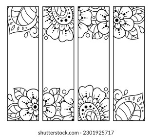 Printable bookmark for book - coloring. Set of black and white labels with flower patterns, hand draw in mehndi style. Sketch of ornaments for creativity of children and adults with colored pencils.